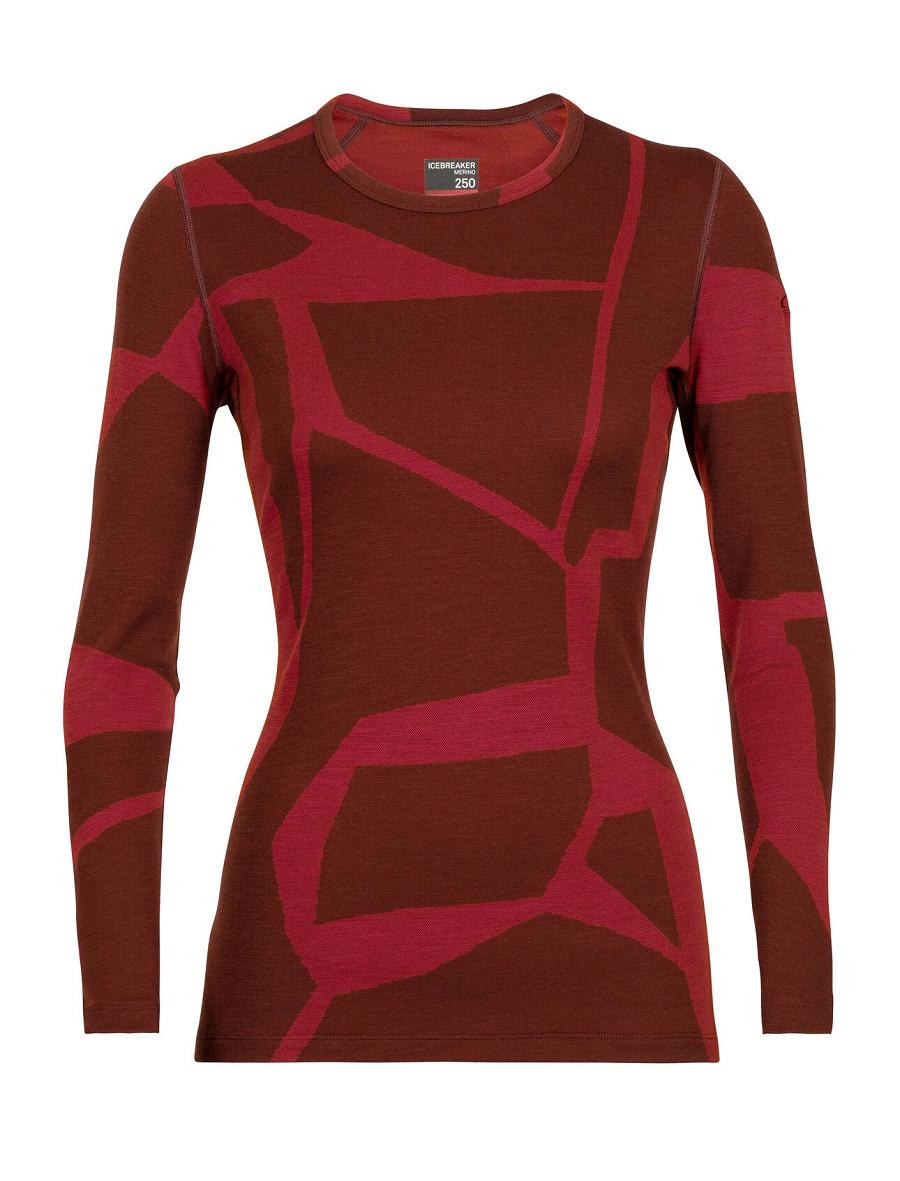 Women's Icebreaker Merino 250 Vertex Long Sleeve Crewe Thermal Top Fractured Landscapes Base Layers Espresso / Cherry | CA 1074ILHS